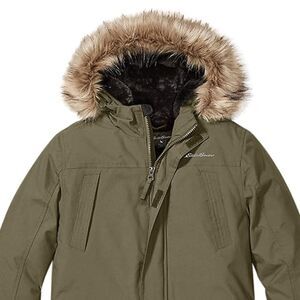 Eddie Bauer Olive Down Filled Hooded Fur Coat